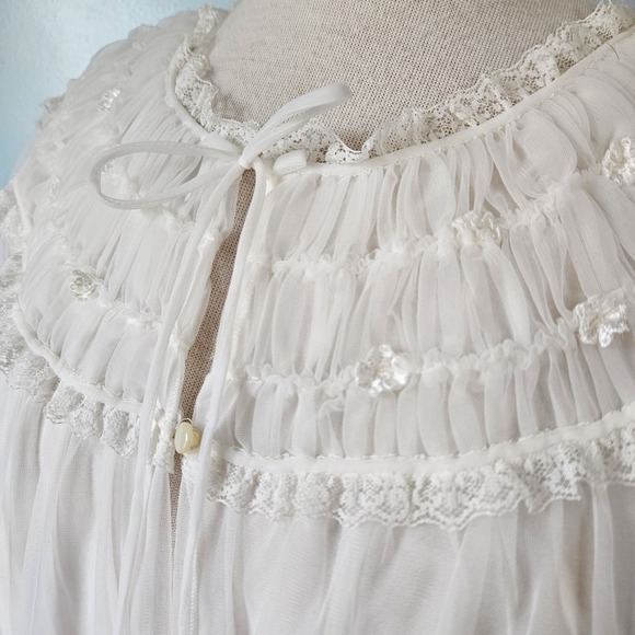 Vintage Gotham Gold Stripe White Nylon Sheer Lace Peignoir S Puff Sleeve Bridal - Picture 3 of 7